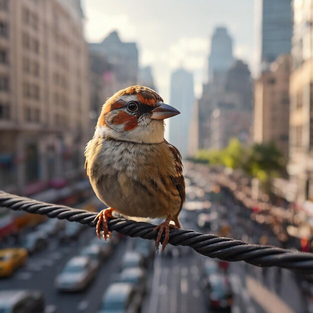 птица, стоящая на тонком электрическом проволоке высоко на оживленной улице и ниже верхнего вида оживленного и цвета