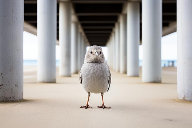 a bird standing on a walkway under a bridge