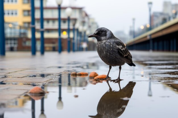 a bird standing on a wet sidewalk