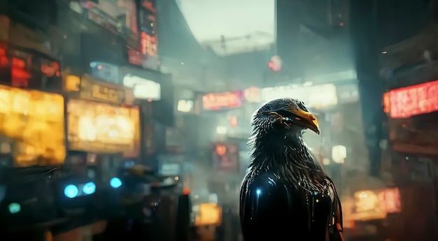 Птица стоит в темном городе с табличкой с надписью «киберпанк».