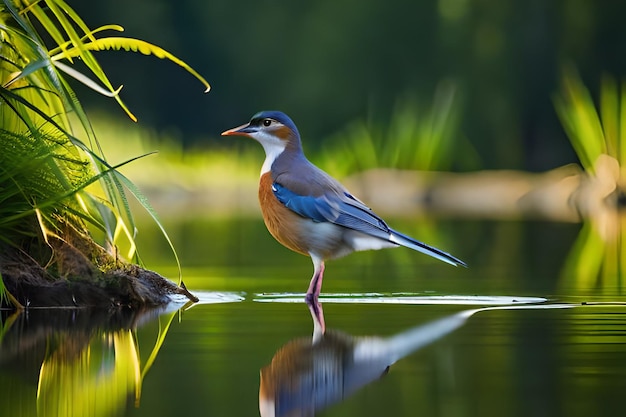 A bird stands on a lake in the woods.