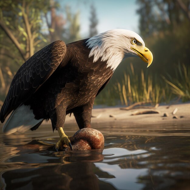 A bird stands on a rock in a water with a fish in it