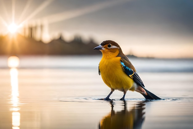 A bird stands in the water with the sun behind it