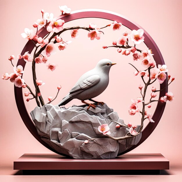 A bird statue on a round object with pink flowers background