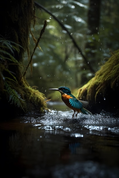 A bird in a stream with a green and blue bird on it