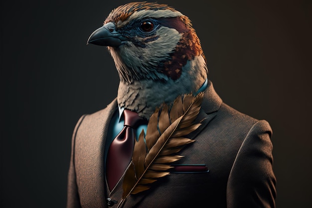 A bird in a suit with a feather on it