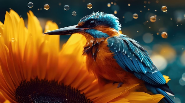 A bird on a sunflower with rain drops on it