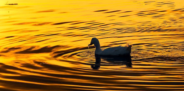 Photo bird swimming in lake during sunset