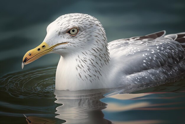 A bird swims gently on the water captured in closeup