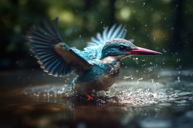 A bird taking a bath in the water