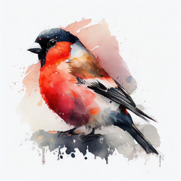 水彩絵の具で描かれた、赤い頭と黒とオレンジ色の羽を持つ鳥。