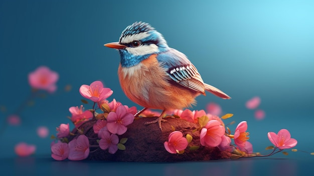A bird that is on a rock with pink flowers