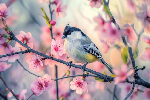 bird titmouse sitting in the garden among the flowering branches of pink cherry blossom in spring