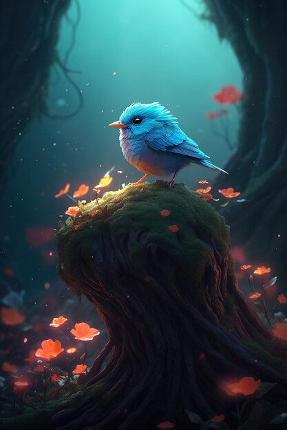 A bird on a tree with a blue background