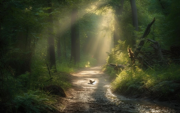 A bird walks through a forest with the sun shining through the trees.