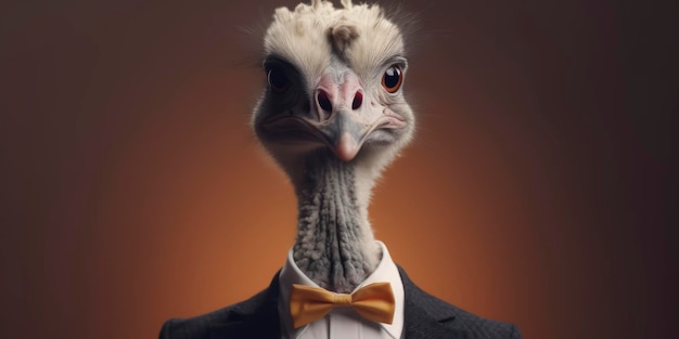 A bird wearing a suit and a bow tie