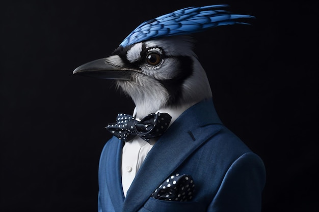 a bird wearing a suit and bow tie