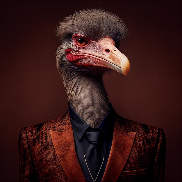 A bird wearing a suit and a red tie