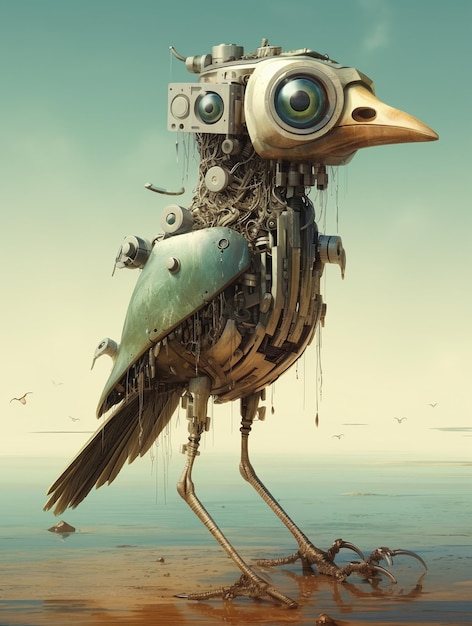 A bird with a bird head and a body made of metal.