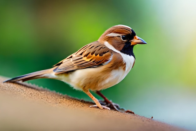 A bird with a black eye and a red eye sits on a brown surface.