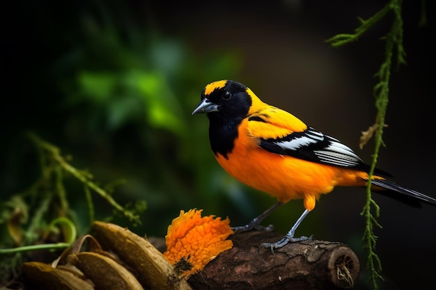 黒い頭とオレンジ色の羽を持つ鳥が枝に座っています。