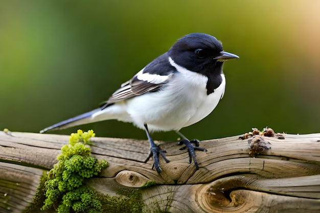 A bird with a black head and white face sits on a piece of wood.