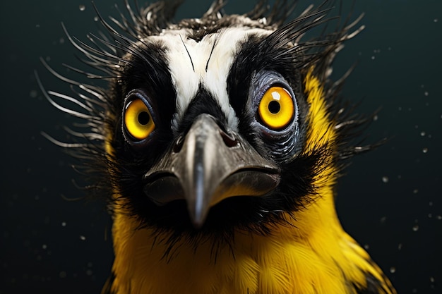 A bird with a black head and yellow eyes looks at the camera