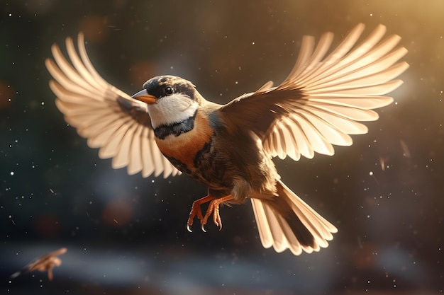 A bird with a black and white face is flying in the air with its wings spread out.