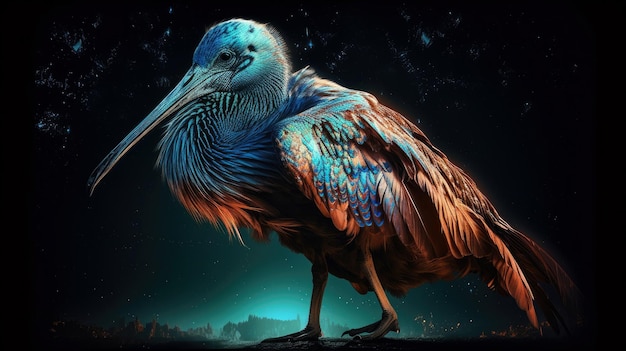 A bird with a blue beak is standing on a dark background