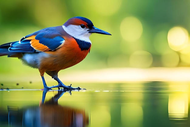 A bird with a blue beak stands on a pool of water.