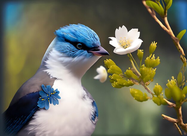 A bird with a blue beak and a white flower in the background