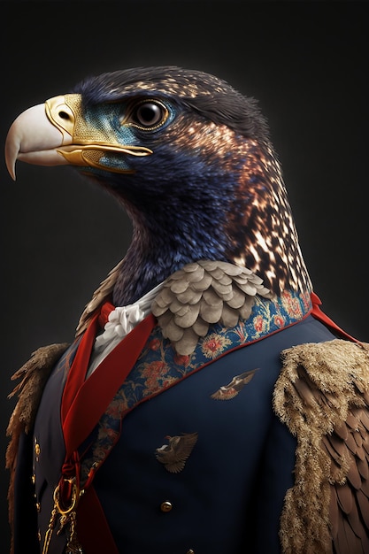 A bird with a blue dress and a tie that says'eagle'on it