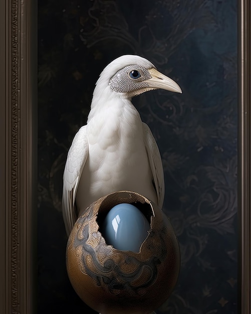 a bird with a blue egg in its beak