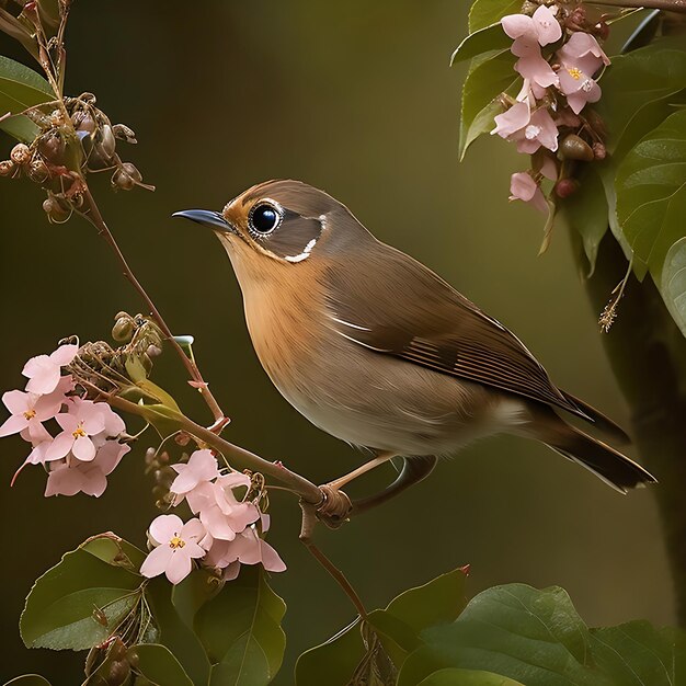 ピンクの花が咲いた木の枝に青い目の鳥が止まっています。