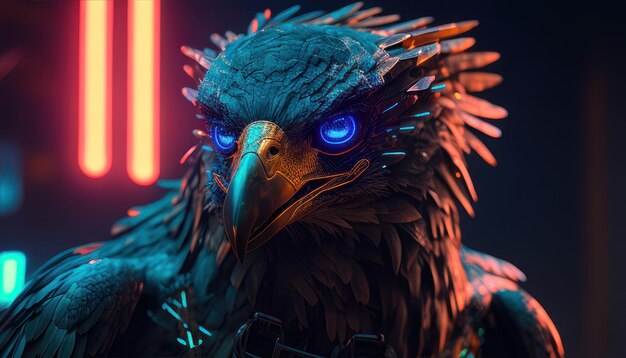 A bird with blue eyes and a neon light in the background