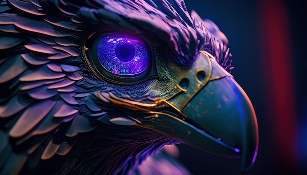 A bird with blue eyes and purple eyes