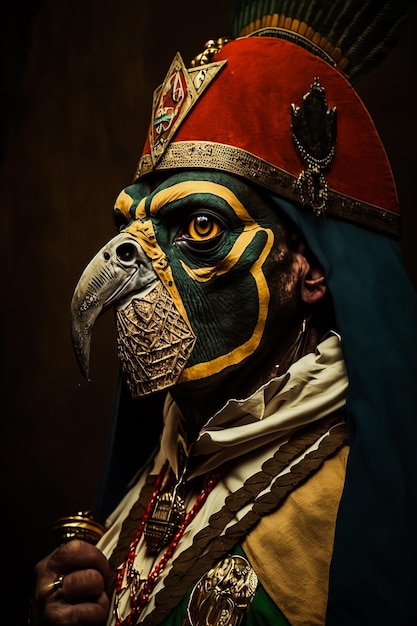 A bird with a blue face and a black beak is standing in a dark room