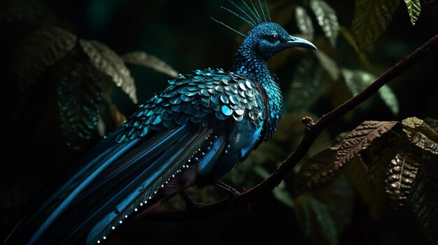 Photo a bird with blue feathers sits on a branch in a dark forest.