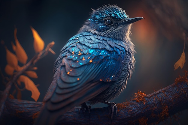 A bird with blue feathers sits on a branch with gold leaves.