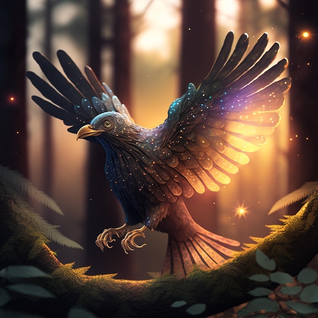 Photo a bird with a blue and gold wings is flying in the forest.