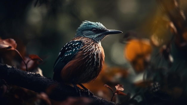 青い頭と青い羽を持つ鳥が枝に座っています。