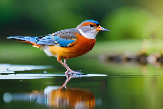 A bird with a blue head and blue tail stands on a small pool of water.