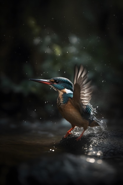 A bird with a blue head and blue wings is taking off from a pond.