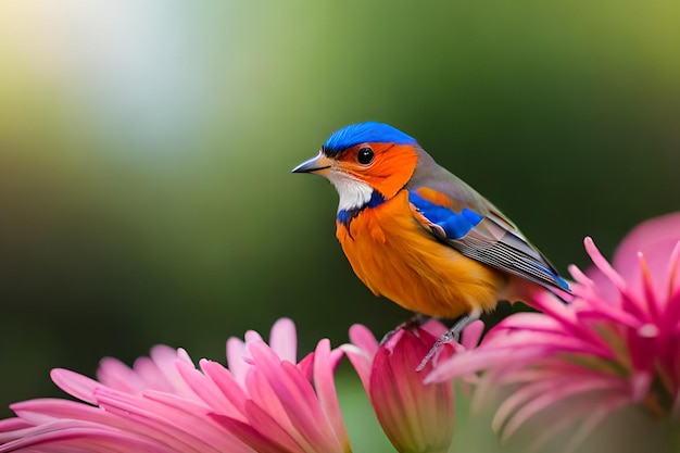 A bird with a blue head and blue wings sits on a pink flower.