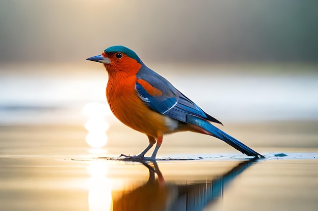 青い頭と青い翼を持つ鳥が湖の上に立っています。