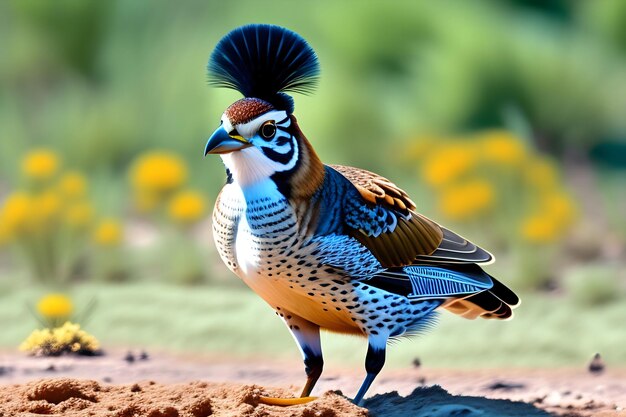 a bird with a blue head and a feather on its head