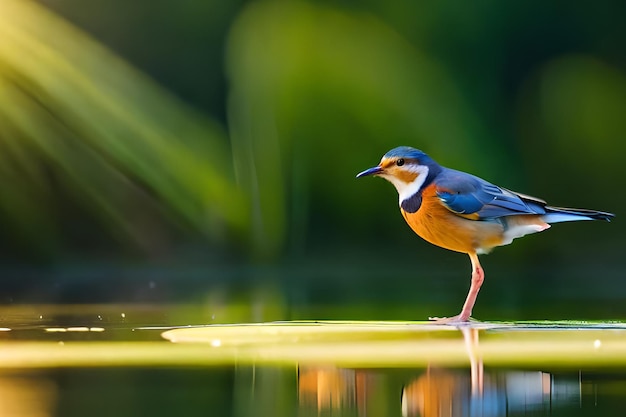 青い頭とオレンジ色の腹を持つ鳥が、背景の葉の茂った植物の上に立っています。