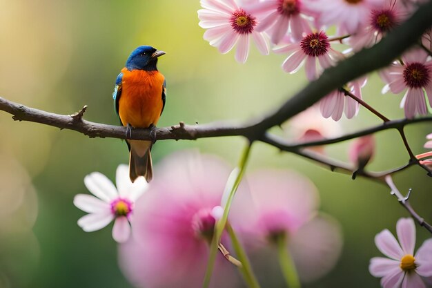 A bird with a blue head and orange breast sits on a branch with pink flowers in the background