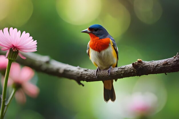 A bird with a blue head and orange breast sits on a branch