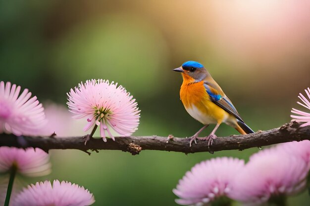 A bird with a blue head and a pink flower in the background